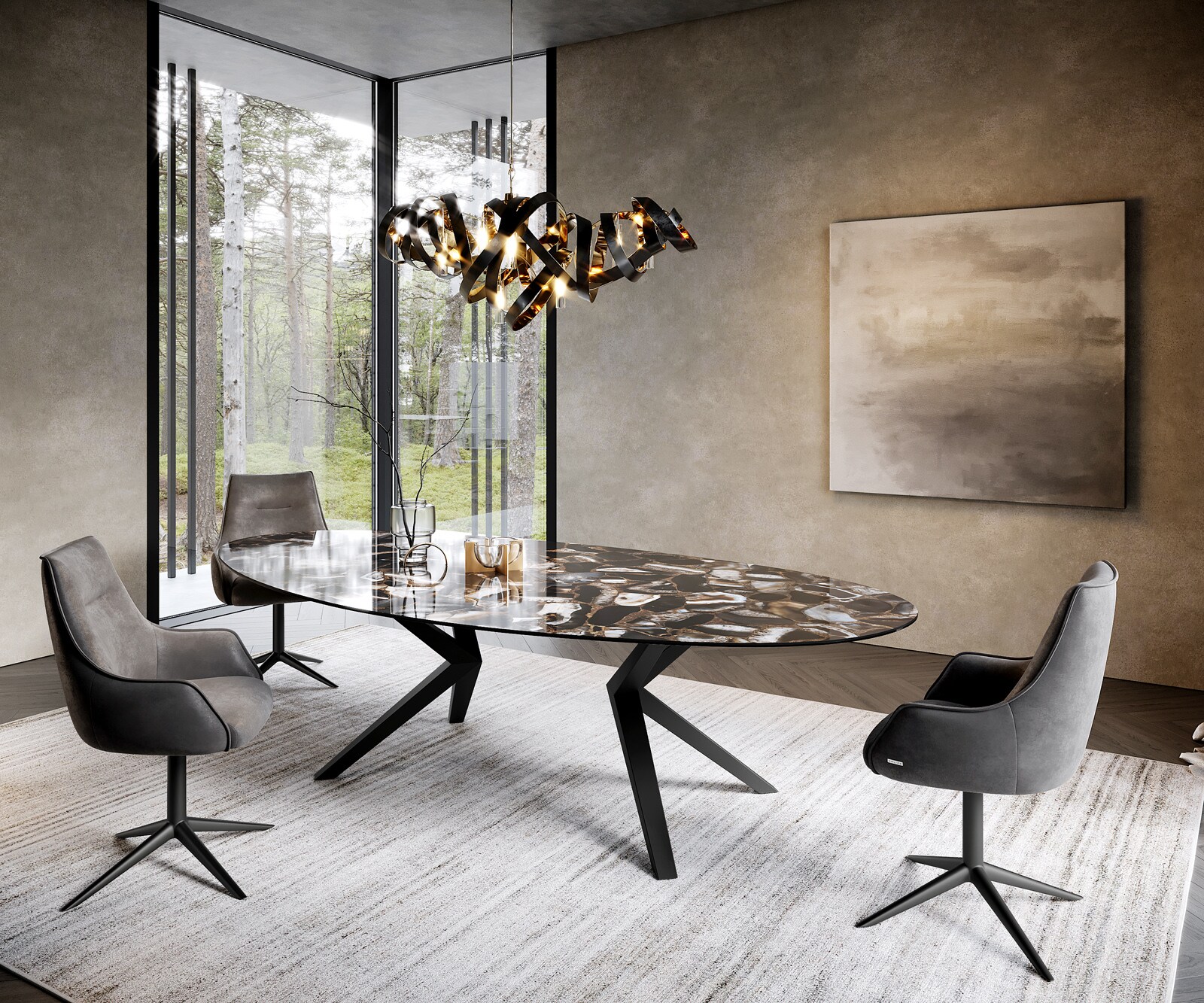 Eetkamertafel Edge ovaal 280x130 keramiek Iris FMG Agatablack Zenthara hoekig metaal zwart 4