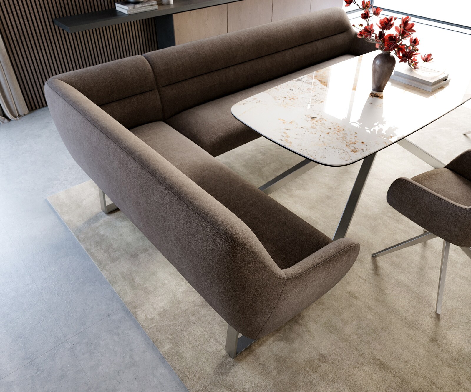 Eetkamerbank Taya-Flex 285x190 cm zachte stof met structuur taupe gekant sledeframe roestvrij staal pocketvering links 3