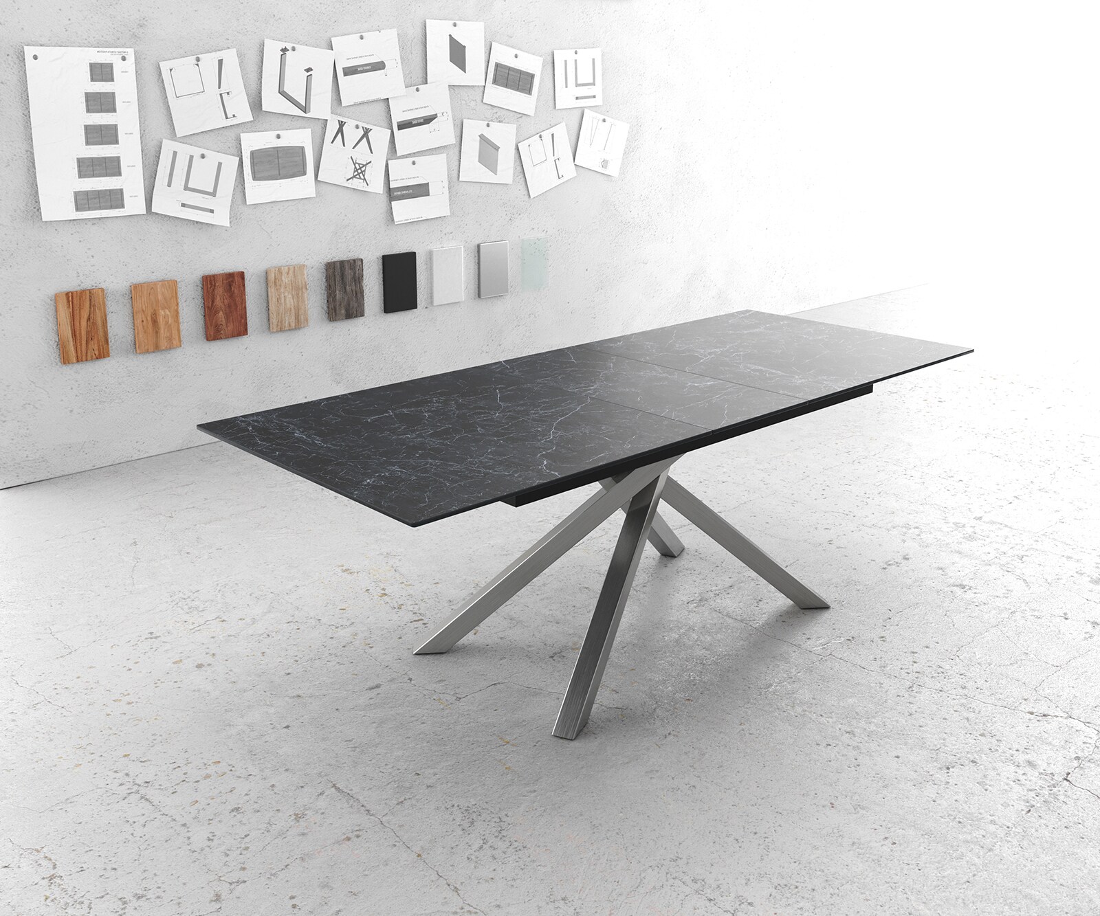 Eettafel Edge 180-220x100cm Laminam® keramiek grijs middenpoot kruis zilver