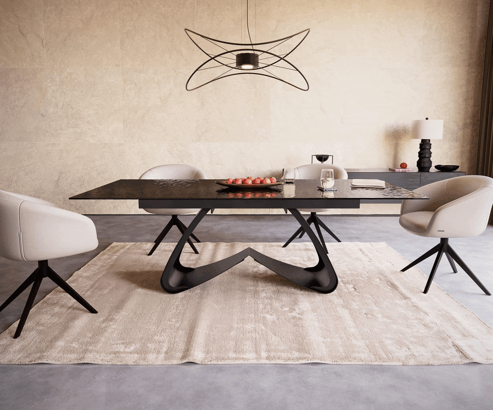 Eetkamertafel Edge 180-220x100 Glas smelten rokerig zwart 3D-Relief W-frame zwart uitschuifbaar 1 Eetkamertafel Edge 180-220x100 Glas smelten rokerig zwart 3D-Relief W-frame zwart uitschuifbaar 1