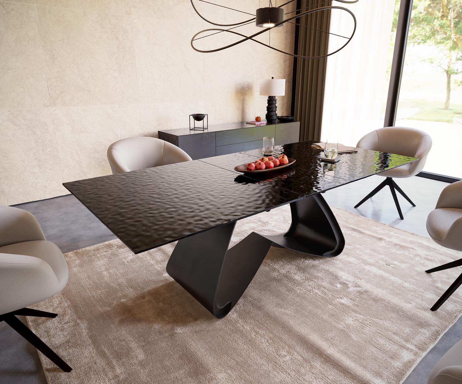 Eetkamertafel Edge 180-220x100 Glas smelten rokerig zwart 3D-Relief W-frame zwart uitschuifbaar Eetkamertafel Edge 180-220x100 Glas smelten rokerig zwart 3D-Relief W-frame zwart uitschuifbaar