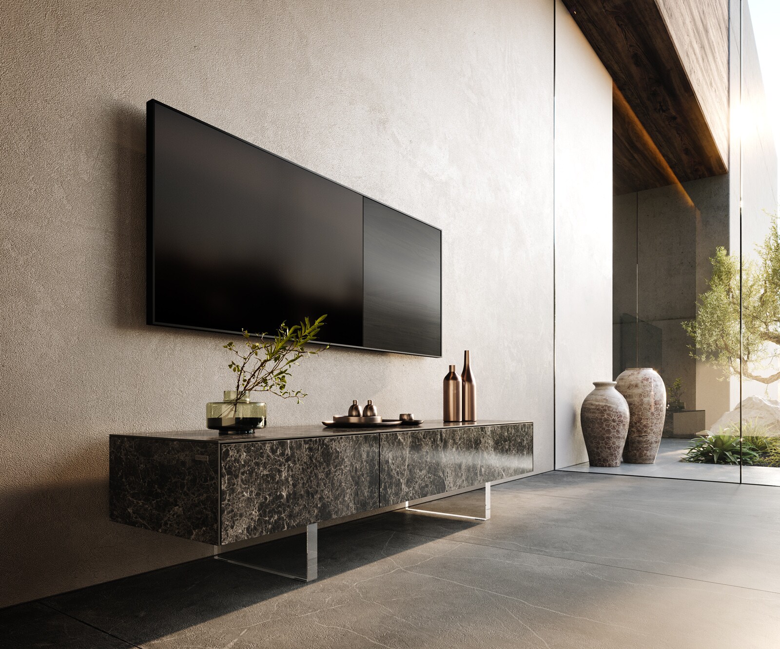 Tv-meubel Cuor 150 cm Keramiek Laminam® Emperador Extra Lucidato Donkerbruin 1 Flap 1 Lade Zwevende voet look Acrylglas