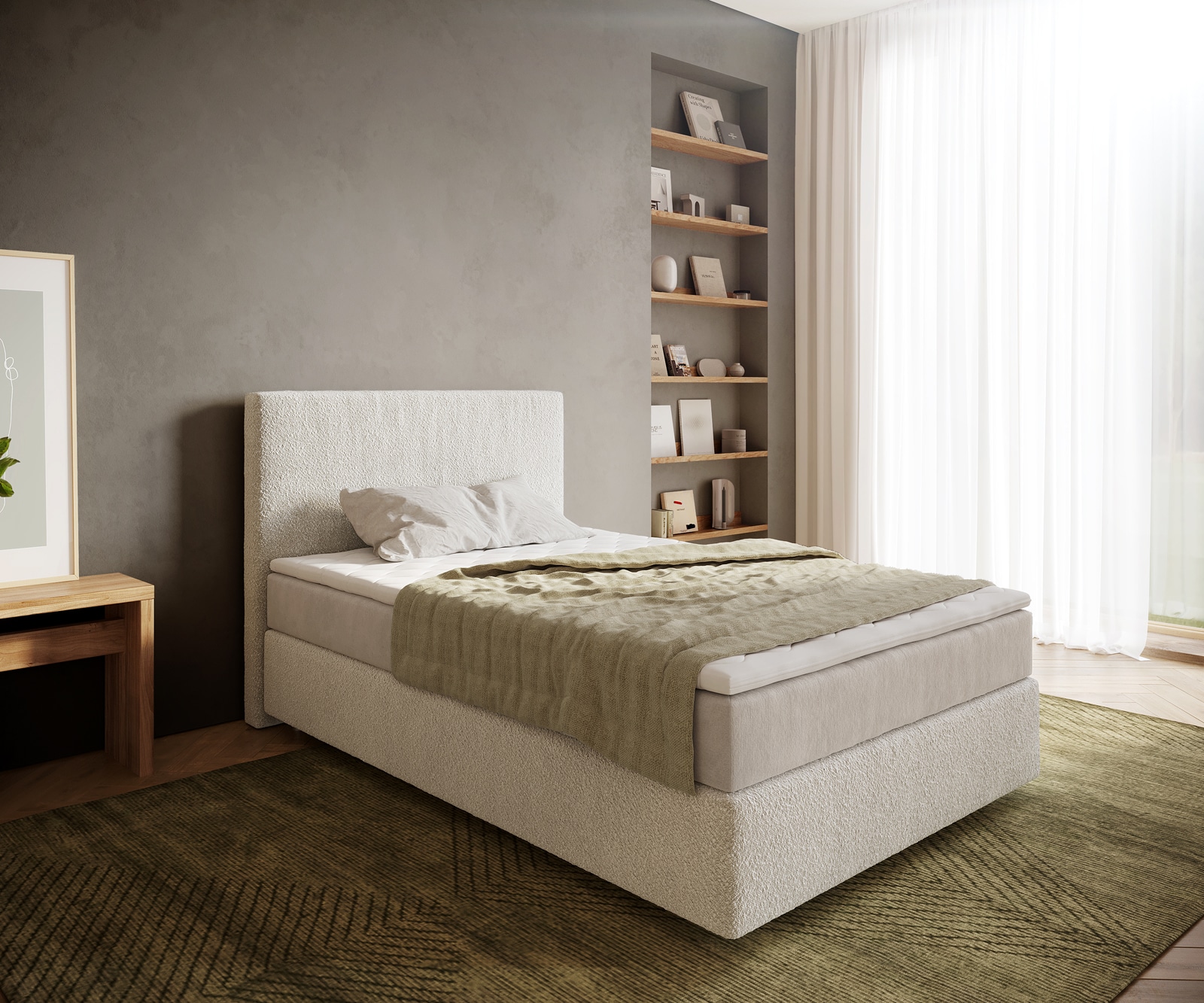 Boxspringbed Dream-Well 120x200 cm Bouclé Crème-Wit met Pocketveringmatras en Topper Visco Boxspringbed Dream-Well 120x200 cm Bouclé Crème-Wit met Pocketveringmatras en Topper Visco