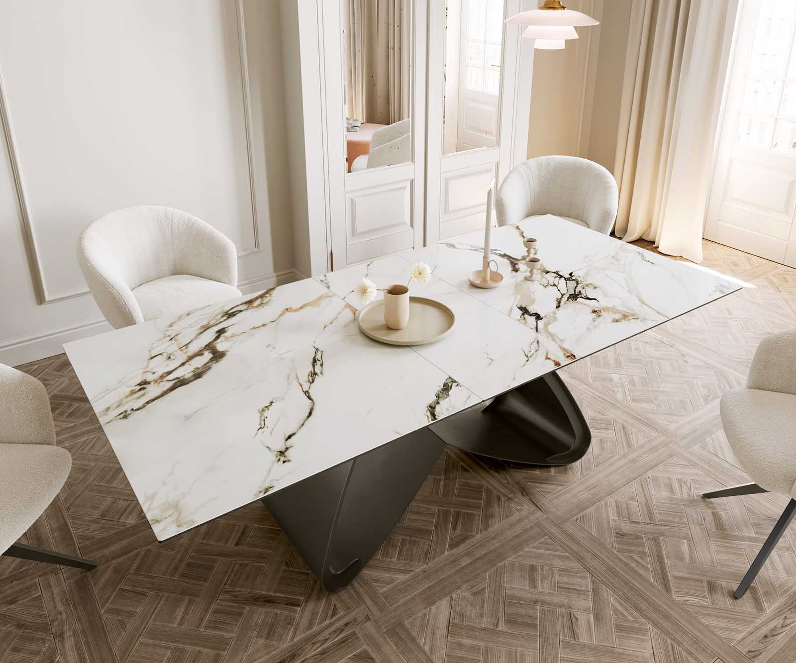 Edge eettafel 180-220x100 keramiek Calacatta Luxe wit-goud-grijs W-frame effect afwerking titanium Uitschuifbaar 5 Edge eettafel 180-220x100 keramiek Calacatta Luxe wit-goud-grijs W-frame effect afwerking titanium Uitschuifbaar 5