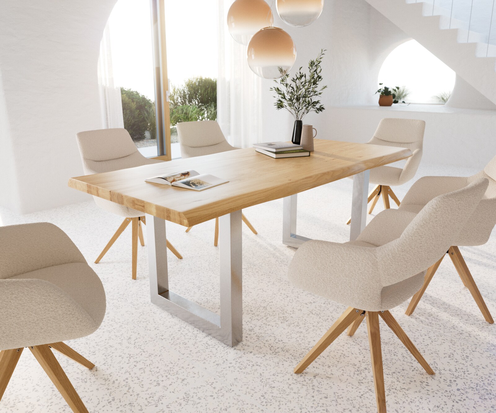 Eettafel Edge 200x100 eiken natuur roestvrij staal  breed Live-Edge gelakt 6 Eettafel Edge 200x100 eiken natuur roestvrij staal  breed Live-Edge gelakt 6