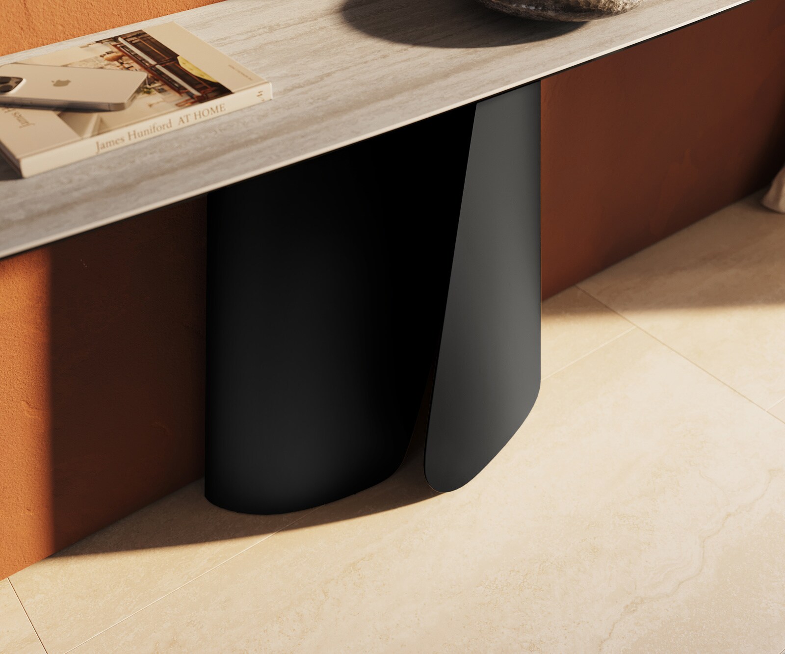 Consoletafel Edge Bootvorm 180x40 cm Keramiek Laminam® Travertino Bianco Creme-Weiß Livos Metaal Zwart 6