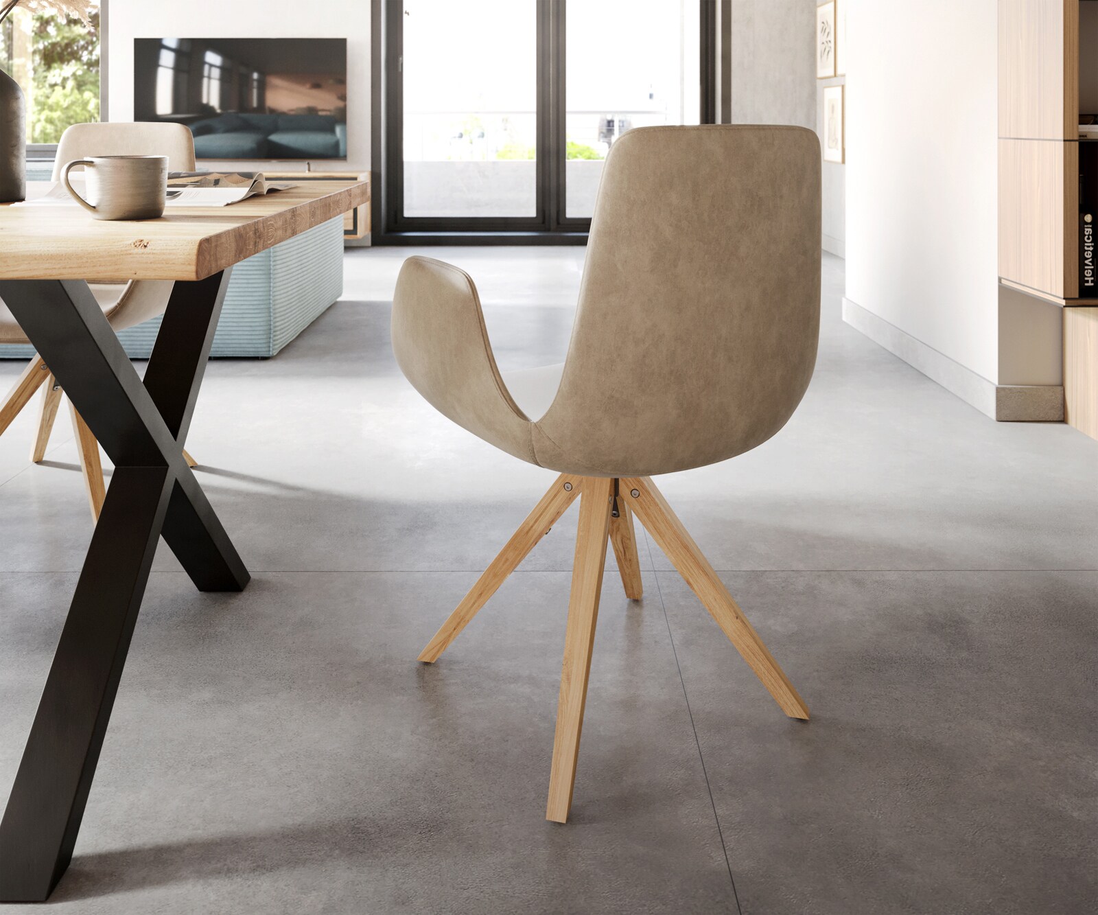 Eetkamerstoel Ilia-Flex met armleuning microvelours beige vintage houten frame hoekig natuur 4 Eetkamerstoel Ilia-Flex met armleuning microvelours beige vintage houten frame hoekig natuur 4