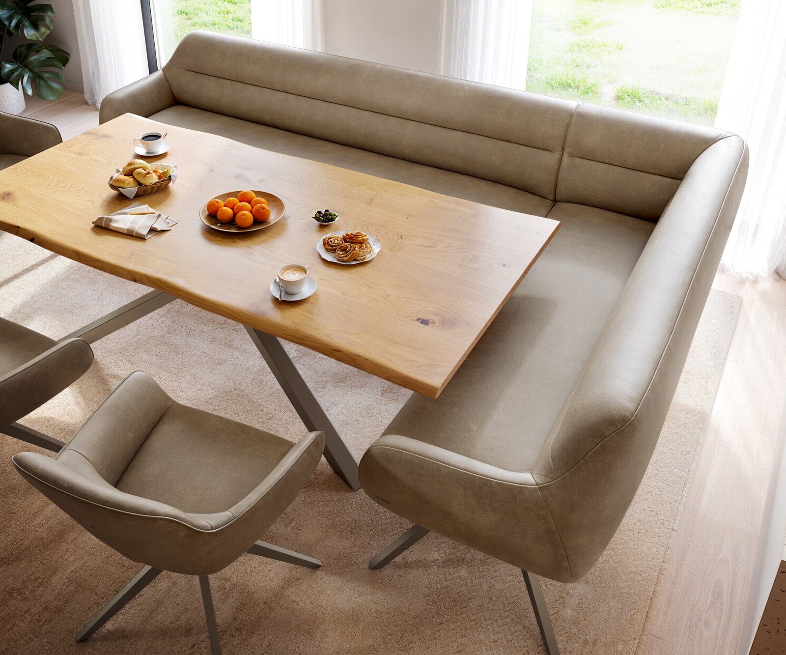 Eetkamerbank Taya-Flex 285x190 cm microvelours beige vintage hoekig kruisframe afwerking met titaniumeffect pocketvering links 4