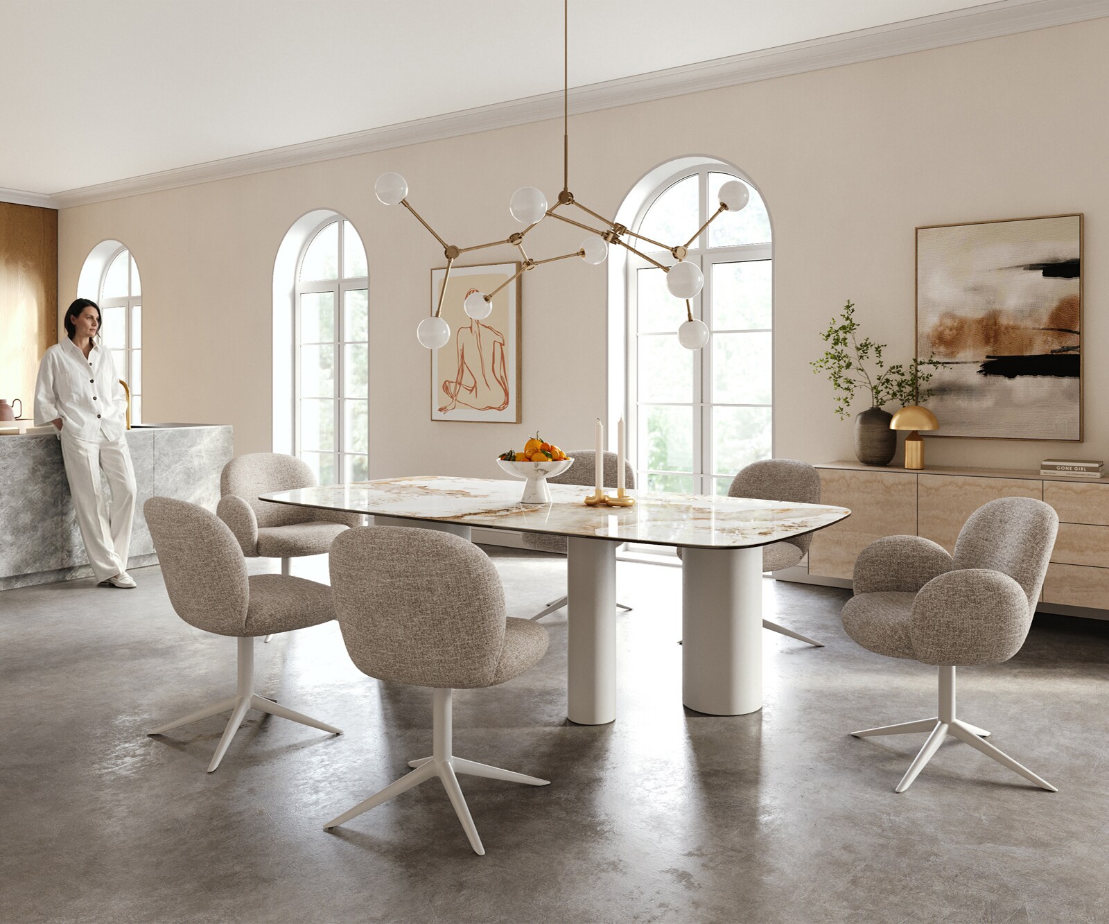 Eettafel Edge Boot 240x120 cm Keramiek Minas Melange Wit-Beige Troa Metaal Wit 5