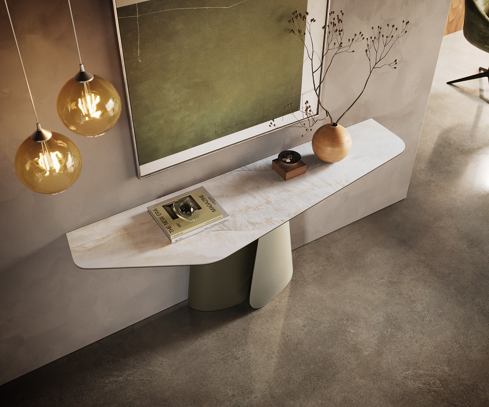 Consoletafel Edge Polygonaal 180x50 cm Keramiek Onyx Pearl Livos Metaal Effektfinish Titan 2