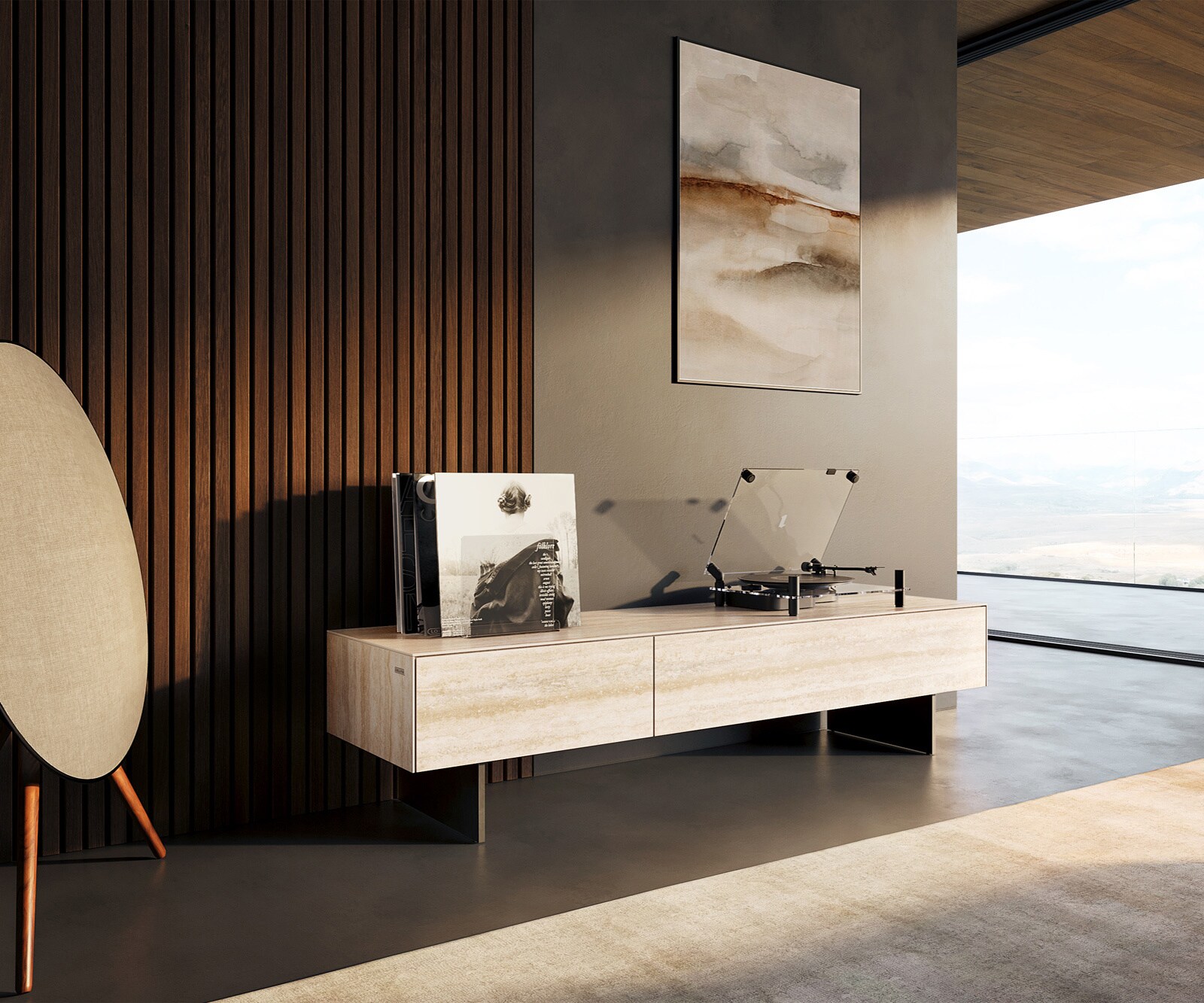 Tv-meubel Cuor 150 cm Keramiek Laminam® Travertino Bianco Crème-wit 1 Flap 1 Lade Zwevende voet look Metaal Zwart