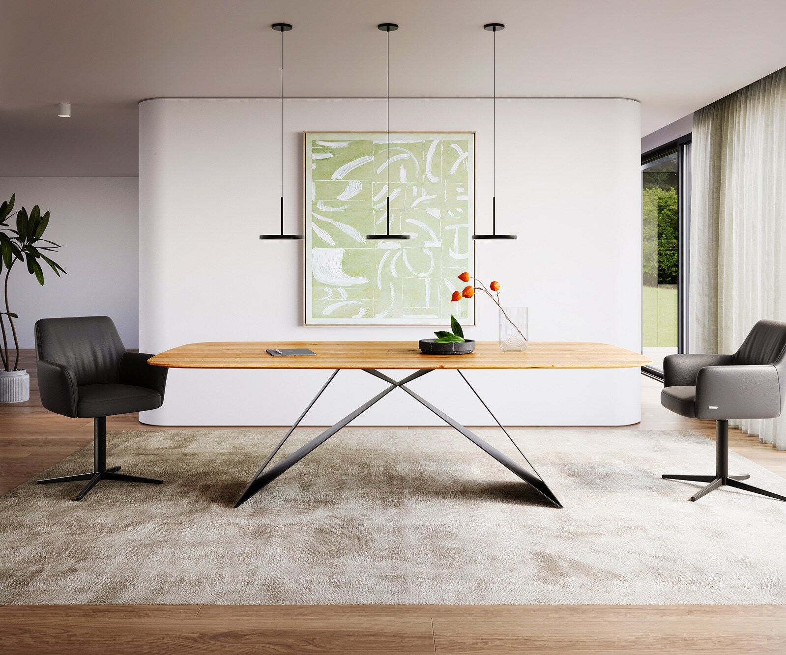 Eettafel Edge Boot 240x120x2,5-3 eiken natuur V-frame vlak staal zwart Zwitserse rand