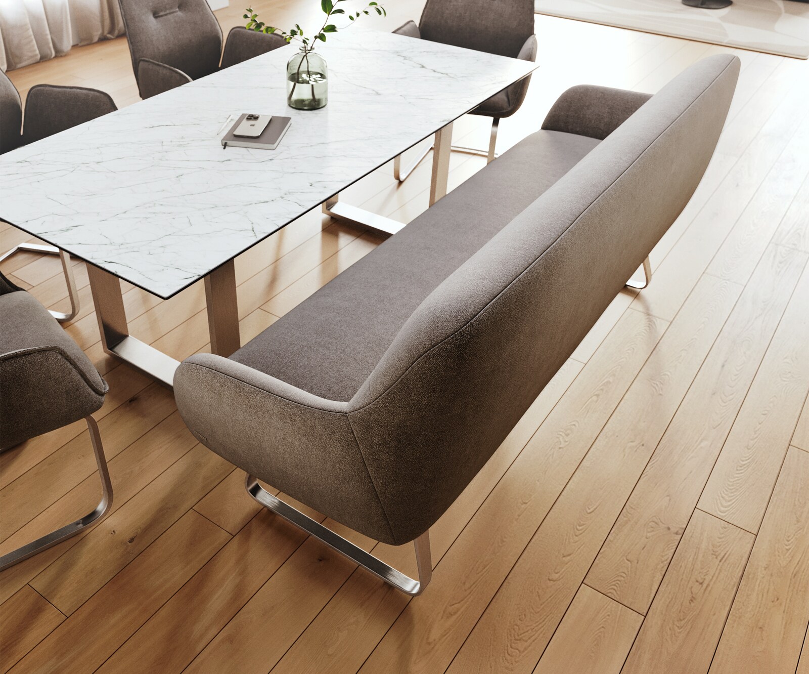 Eetkamerbank Taya-Flex 200 cm zachte stof met structuur taupe platte sledebasis roestvrij staal pocketvering 4