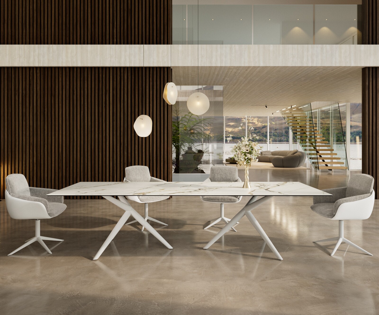 Eetkamertafel Edge 300x100 keramiek Calacatta Luxe wit-Gold-grijs Estelar rond  metaal wit
