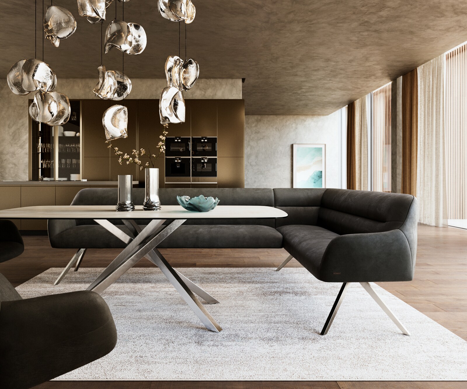 Eetkamerbank Taya-Flex 285x190 cm microvelours anthraciet vintage hoekig kruisframe roestvrij staal pocketvering links 2