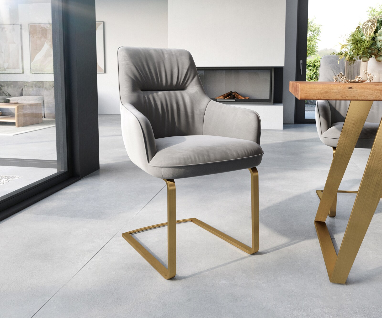 Sledemodel Zelia-Flex met armleuning fluweel grijs sledemodel vlak goud pocketveer kern