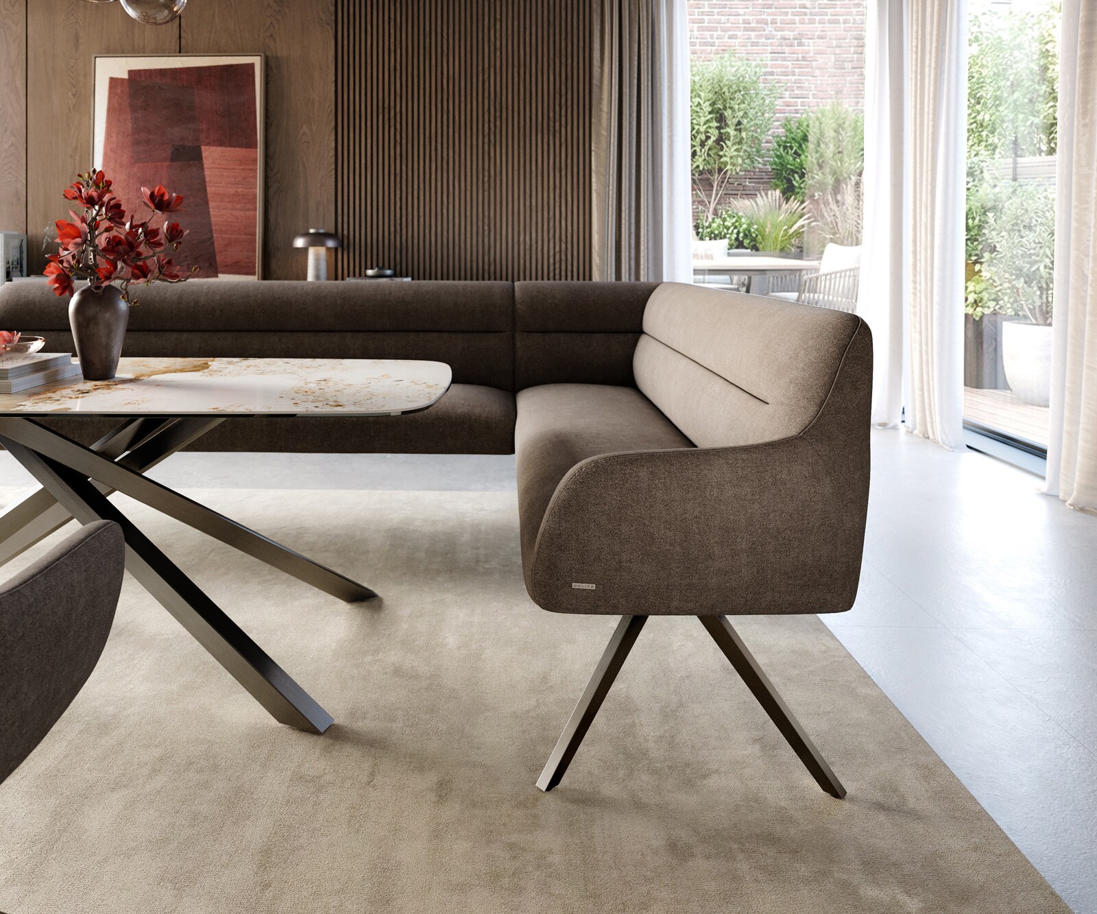 Eetkamerbank Taya-Flex 285x190 cm zachte stof met structuur taupe hoekig kruisframe grafiet pocketvering rechts 5