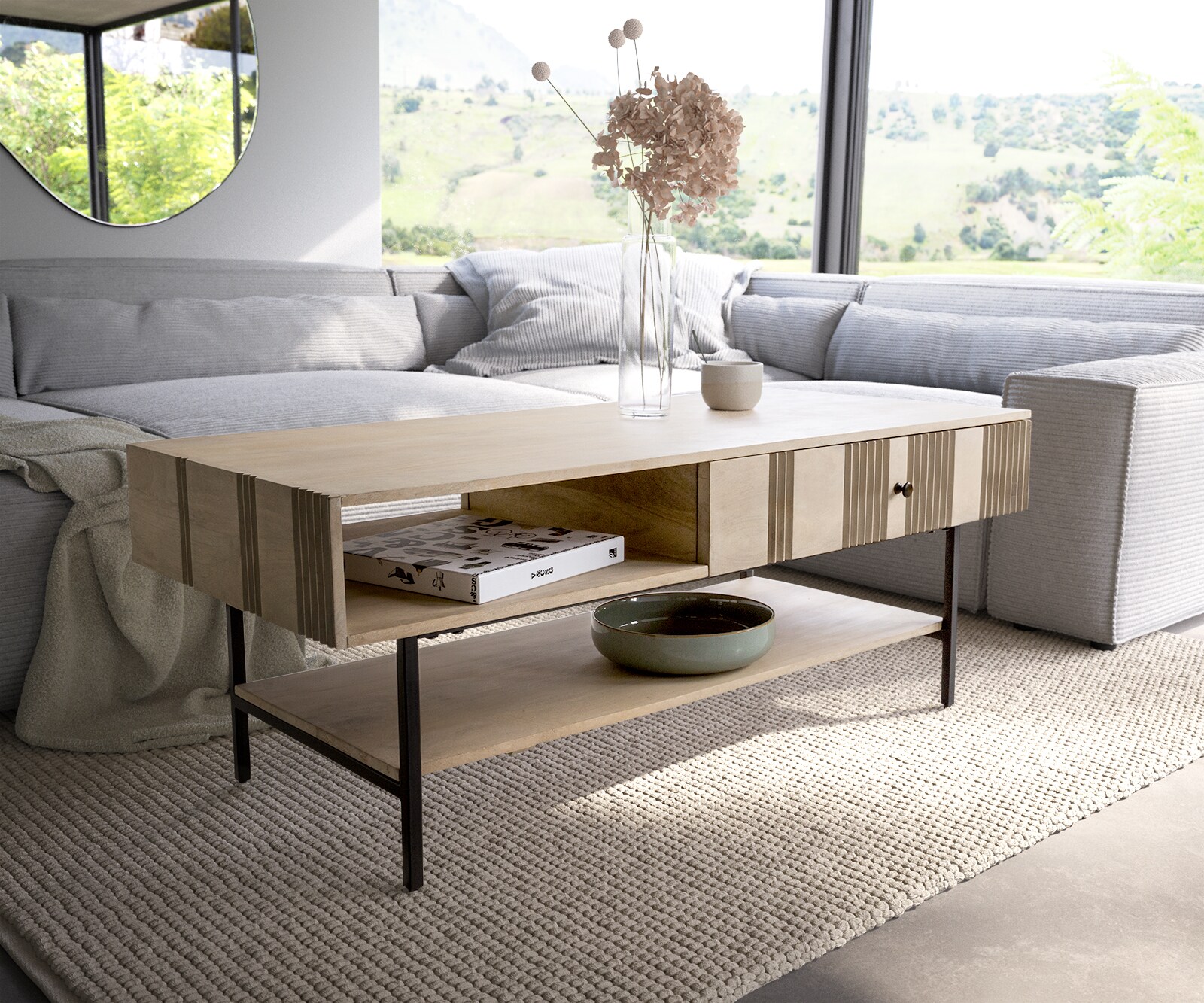 Salontafel Nereos 130x60 cm Mango White Wash metaal zwart