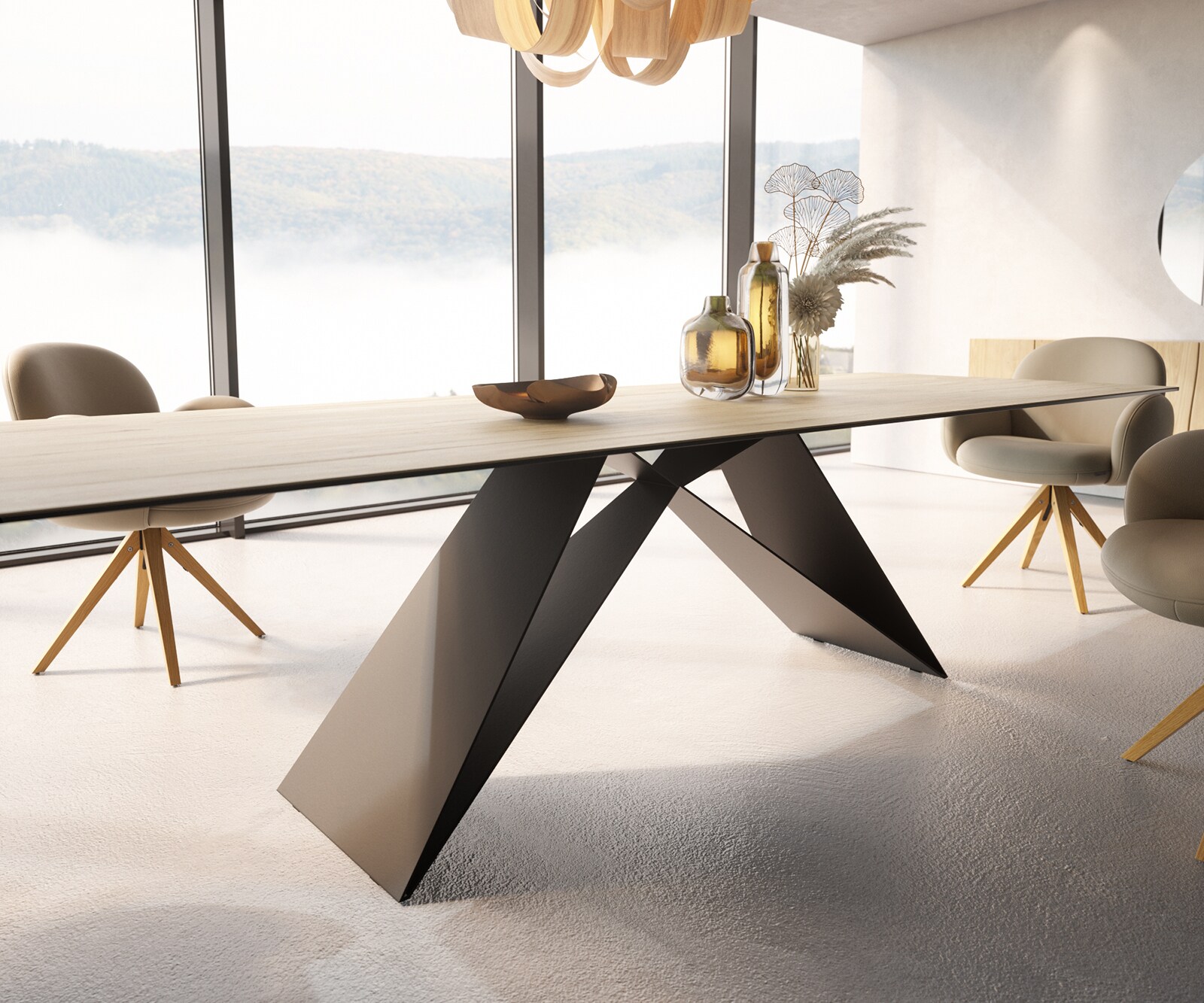 Eetkamertafel Edge 300x100 keramiek Laminam® Sabbia eiken kleur V-frame vlak staal zwart 5