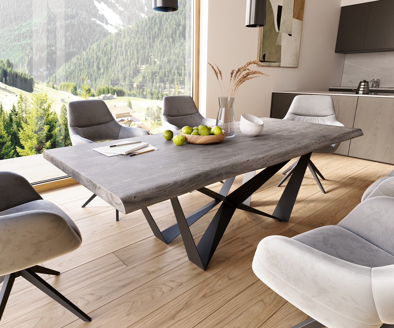 Eettafel Edge 220x100 XL acacia platina  Spider staal  zwart  Live-Edge
