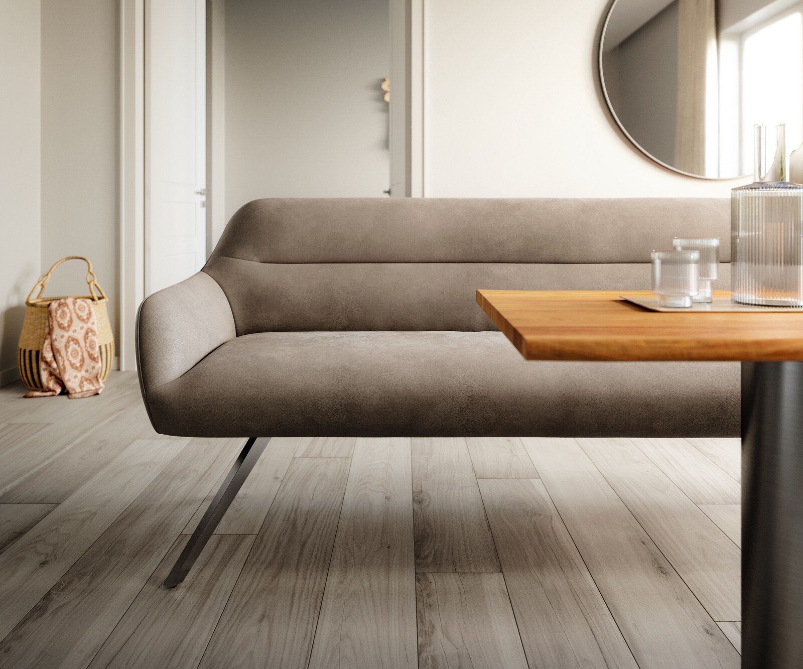 Eetkamerbank Taya-Flex 200 cm microvelours taupe vintage hoekig kruisframe grafiet pocketvering 1