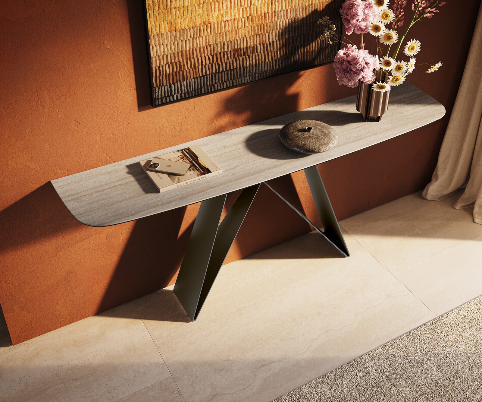 Consoletafel Edge Bootvorm 180x40 cm Keramiek Laminam® Travertino Bianco Creme-Weiß Velio Metaal Effektfinish Titan 4