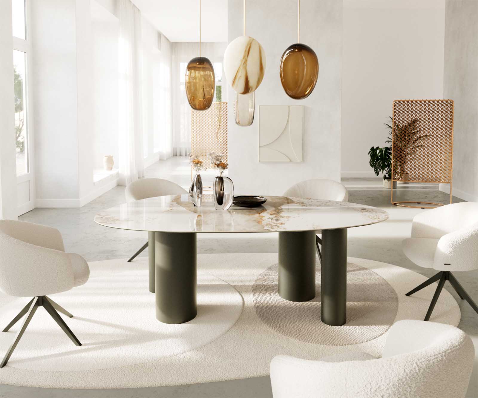 Eettafel Edge ovaal 220x120 keramiek Minas Melange wit-beige pilier metaal effect afwerking titanium 1