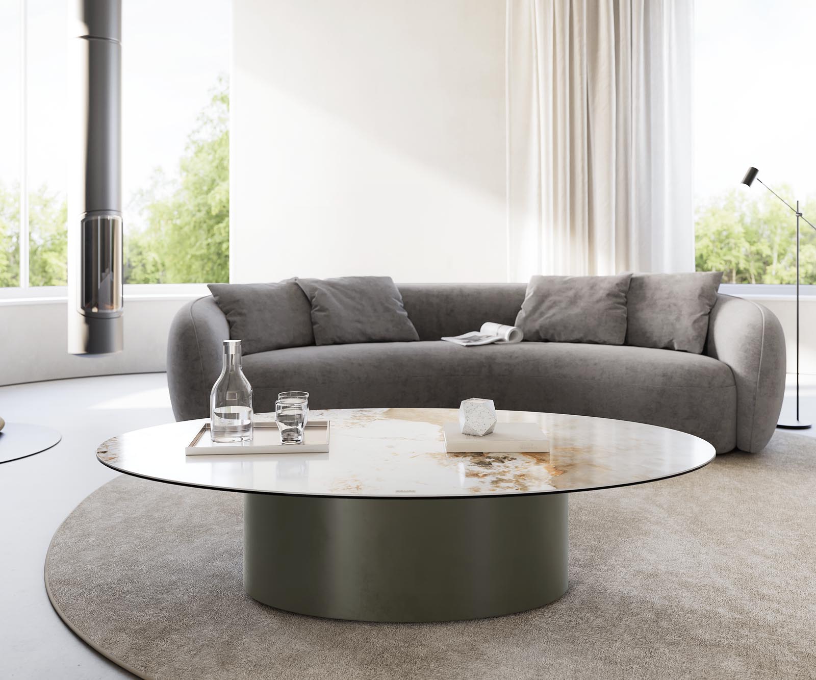 Salontafel Casilda 150x90 cm keramiek Minas Melange wit-beige middenpoot titaniumeffect 2