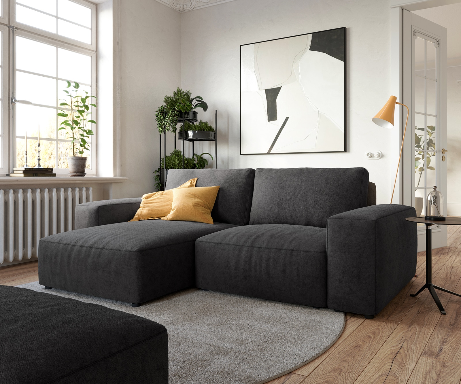 Hoeksofa Lanzo 230x155 cm microvezel zwart met variabele recamière en hocker