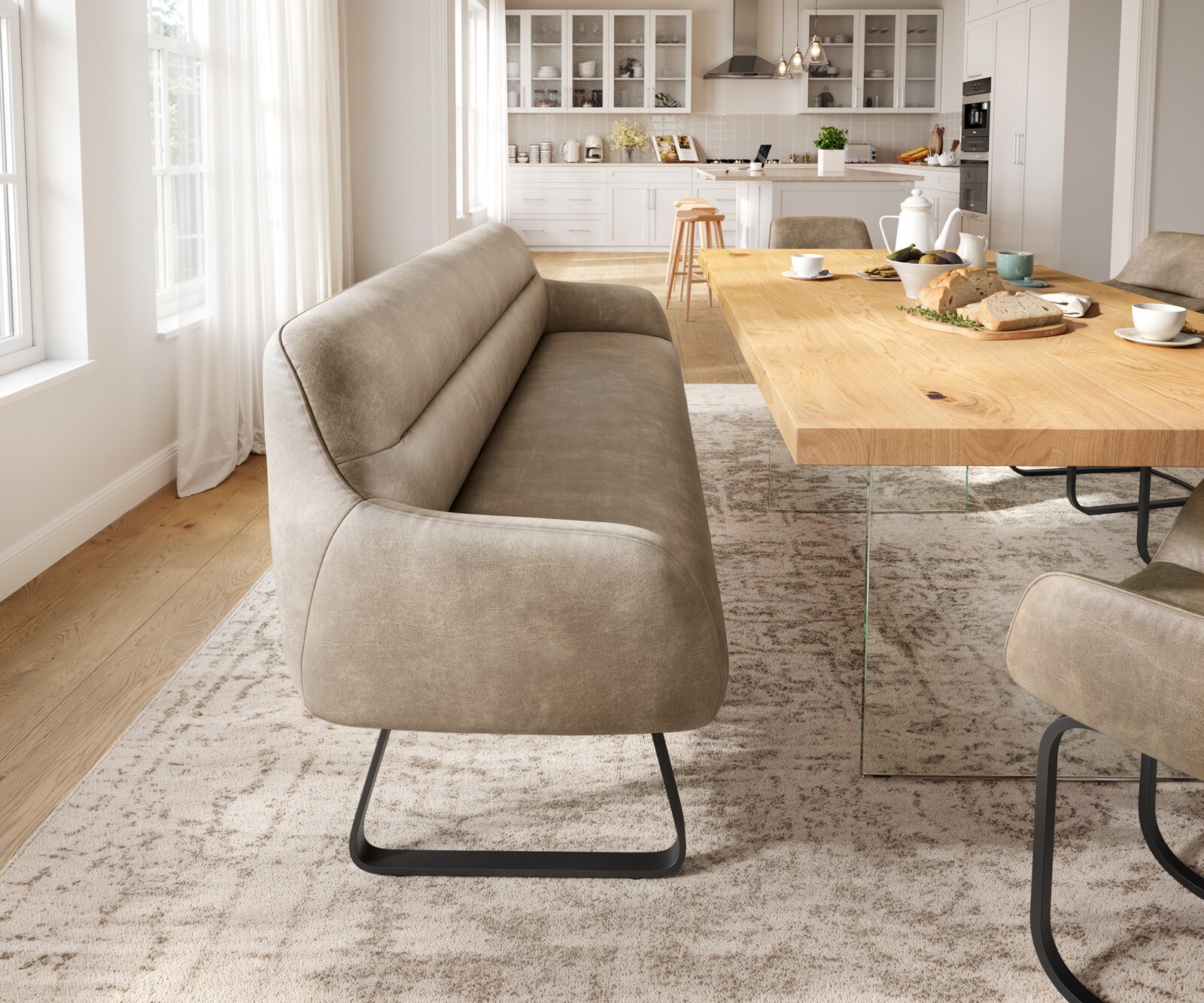 Eetkamerbank Taya-Flex 200 cm microvelours beige vintage platte sledebasis zwart pocketvering 1