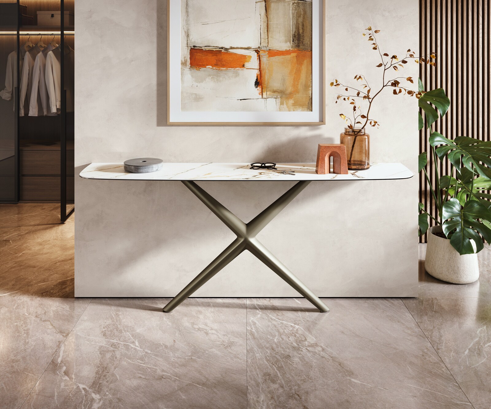 Consoletafel Edge Bootvorm 180x40 cm Keramiek Calacatta Luxe Weiß-Gold-Grijs Estelo Metaal Effektfinish Titan 1