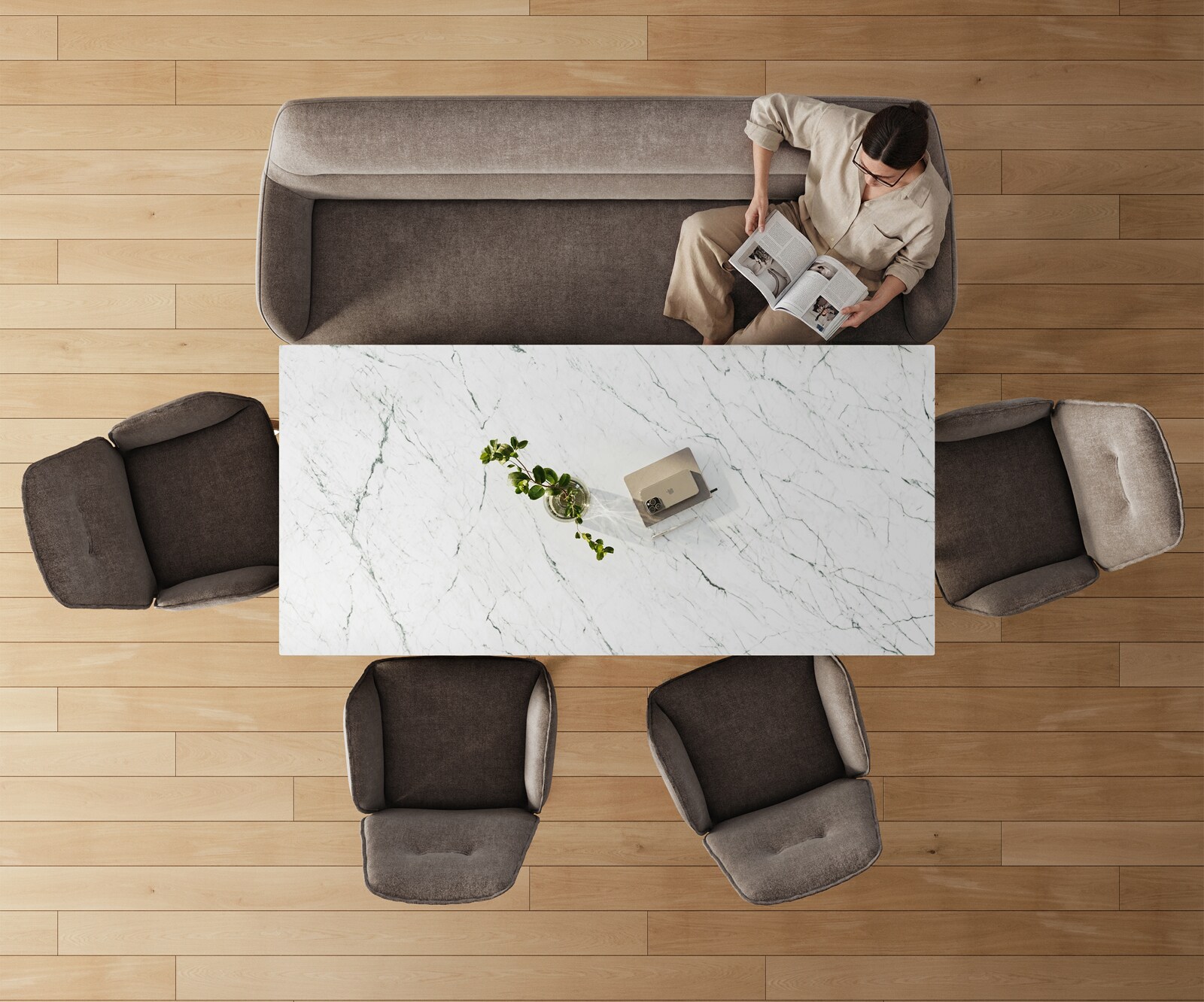 Eetkamerbank Taya-Flex 200 cm zachte stof met structuur taupe platte sledebasis afwerking met titaniumeffect pocketvering 6