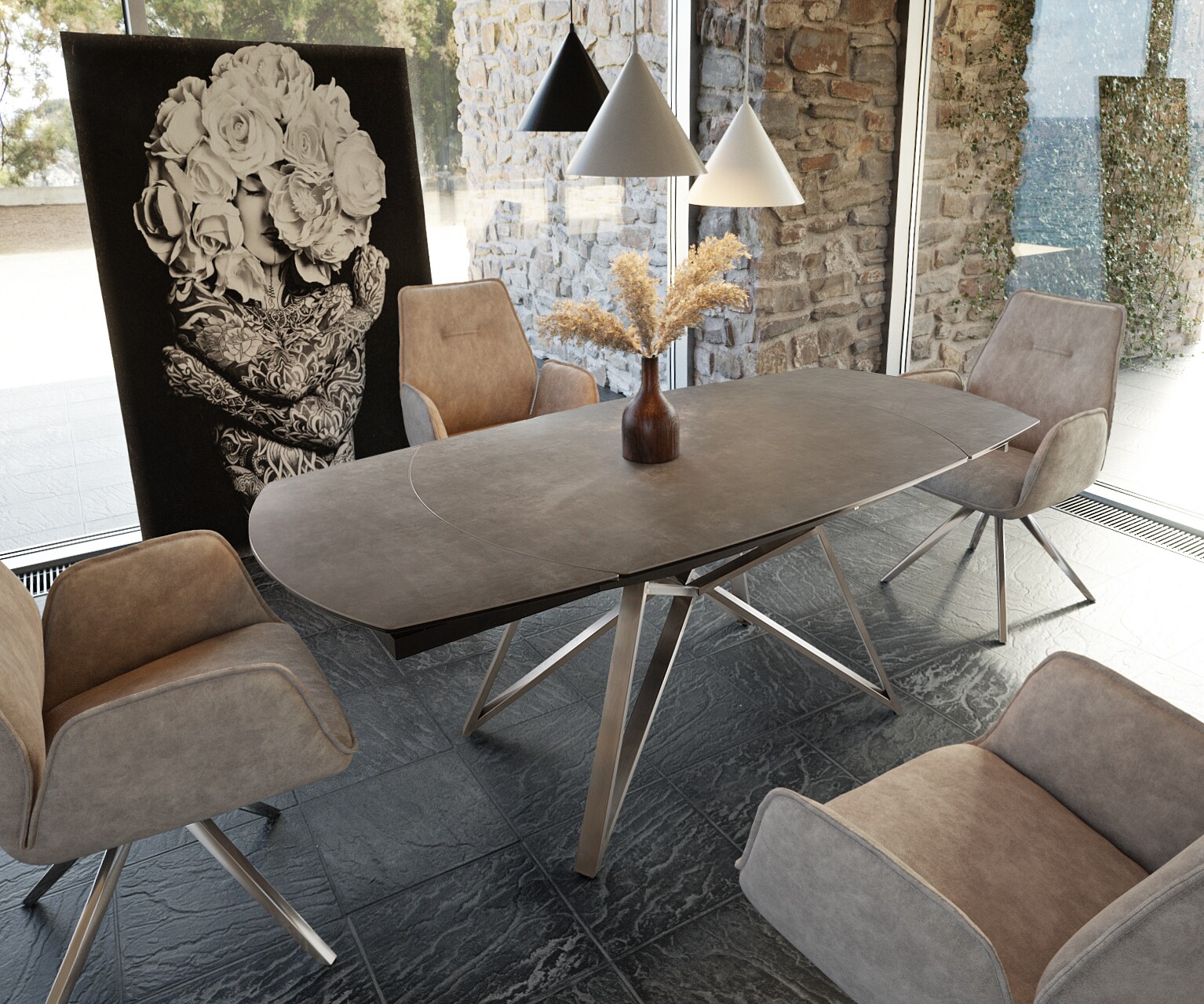 Eettafel Carlow 130/200x95 cm keramisch bruin roestvrij staal uitschuifbaar
