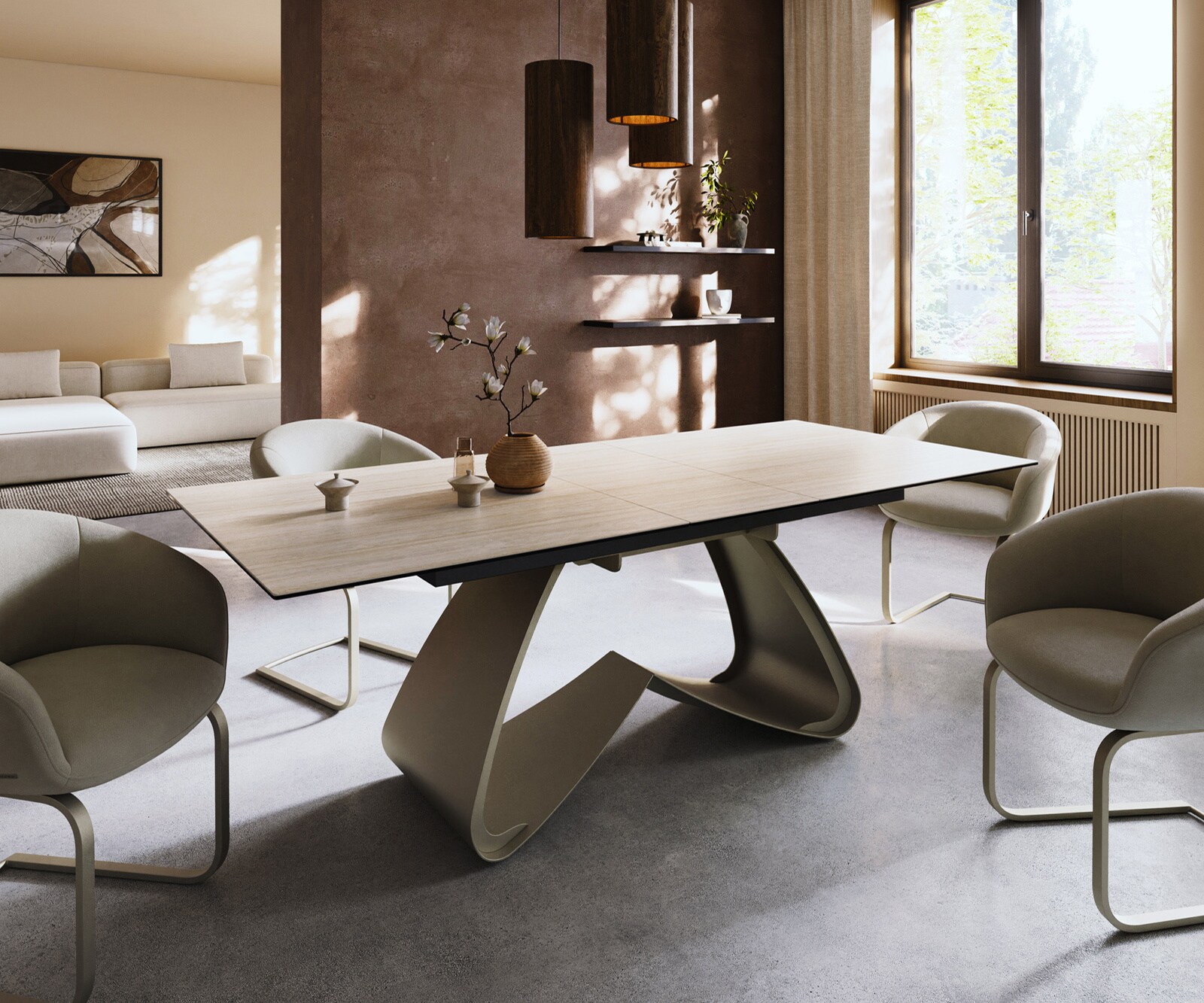 Eettafel Edge 180-220x90 keramiek  Laminam® Travertino Bianco Creme-wit W-frame effectafwerking Titan uitrekbaar