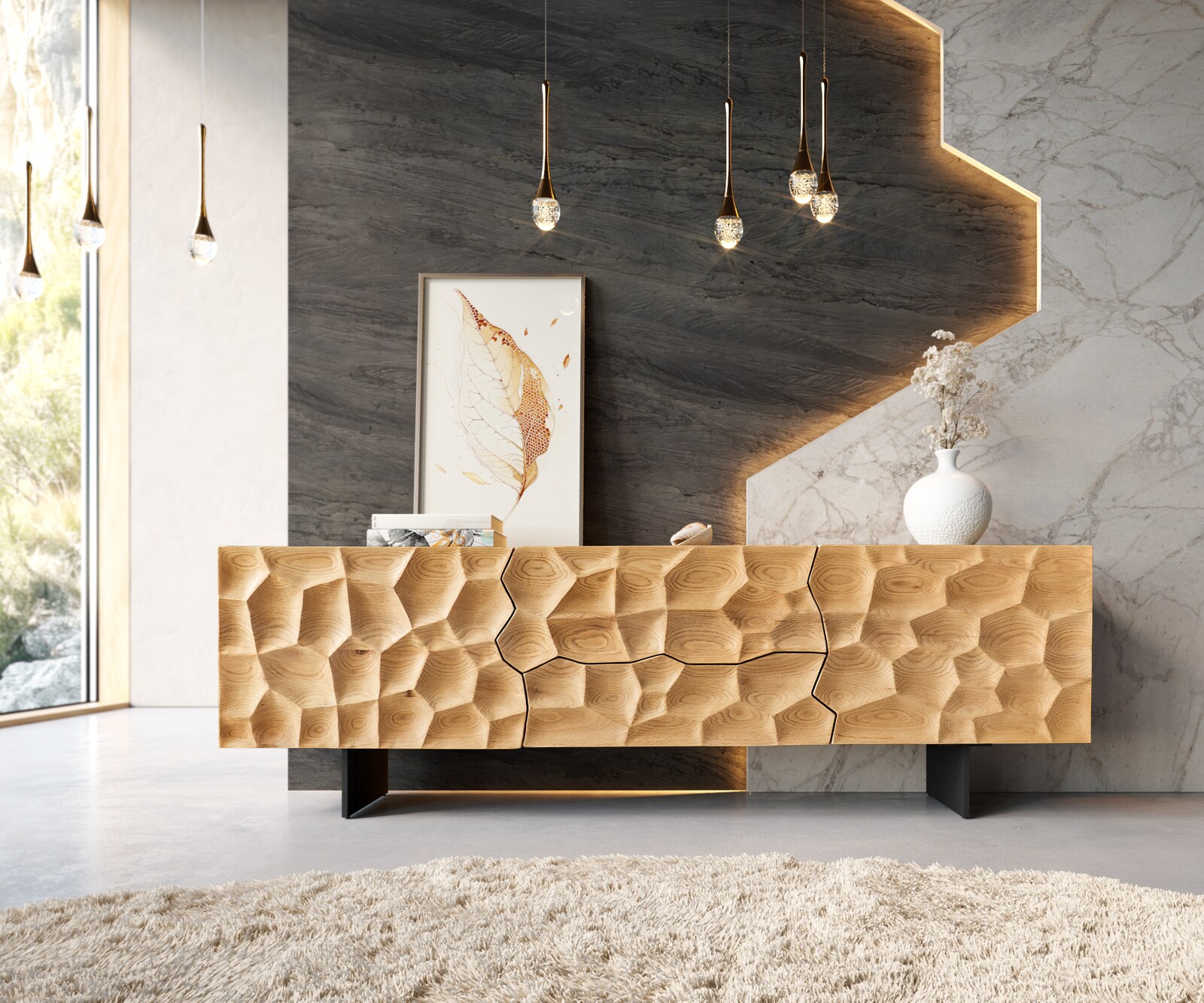 Tv-meubel Solu 175 cm natuur eiken 2 deuren 2 laden onderstel zwevend metaal zwart 3D-front 1