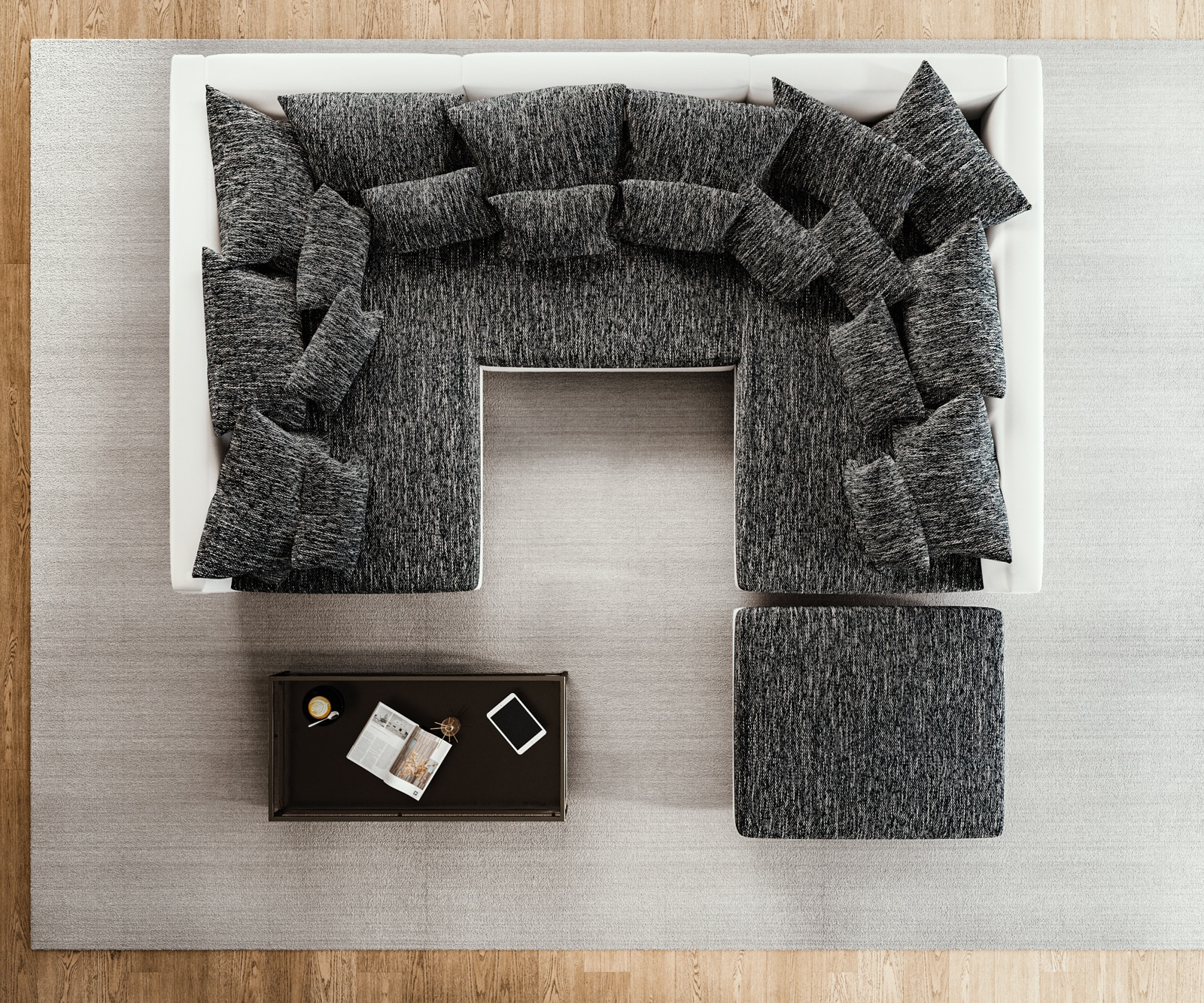 Woonlandschap Clovis zwart en wit modulaire met hocker 3 Woonlandschap Clovis zwart en wit modulaire met hocker 3