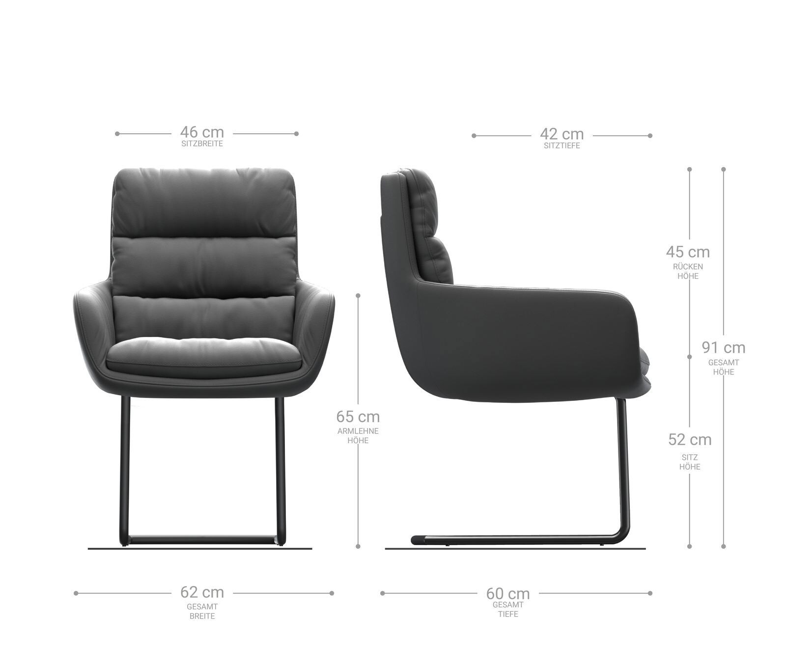 Sledemodel Abelia-Flex met armleuning echt leer zwart sledemodel rond roestvrij staal 6