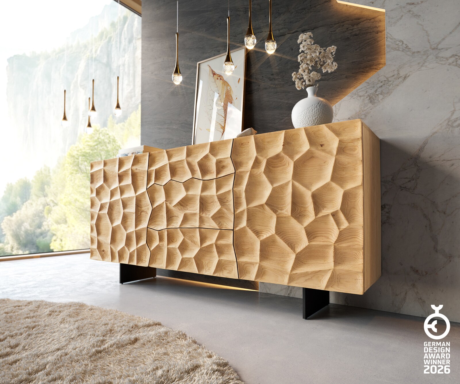 Dressoir Solu 175 cm natuur eiken 2 deuren 3 laden onderstel zwevend metaal zwart 3D-front