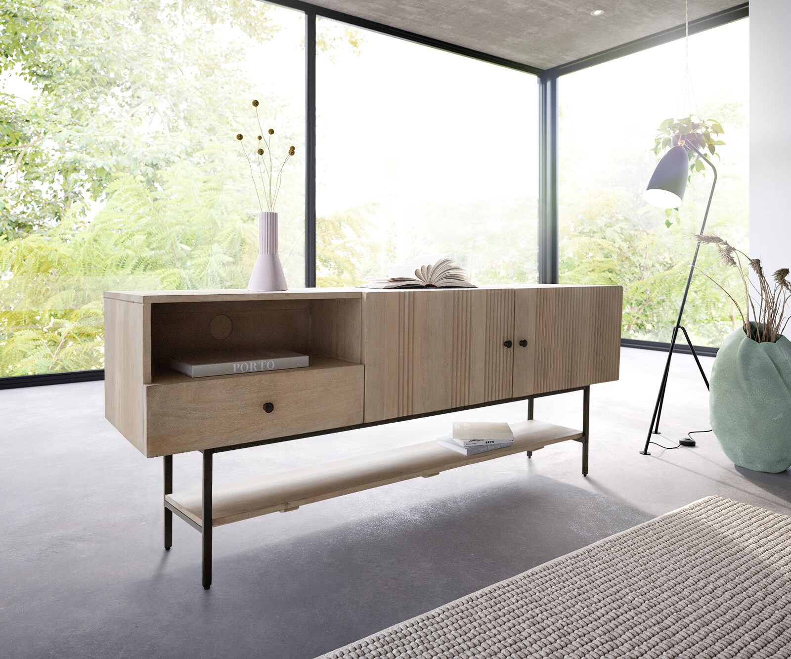 Tv-meubel Nessa 160x40 cm Mango White Wash metaal zwart 1 Lade 2 deurs 1