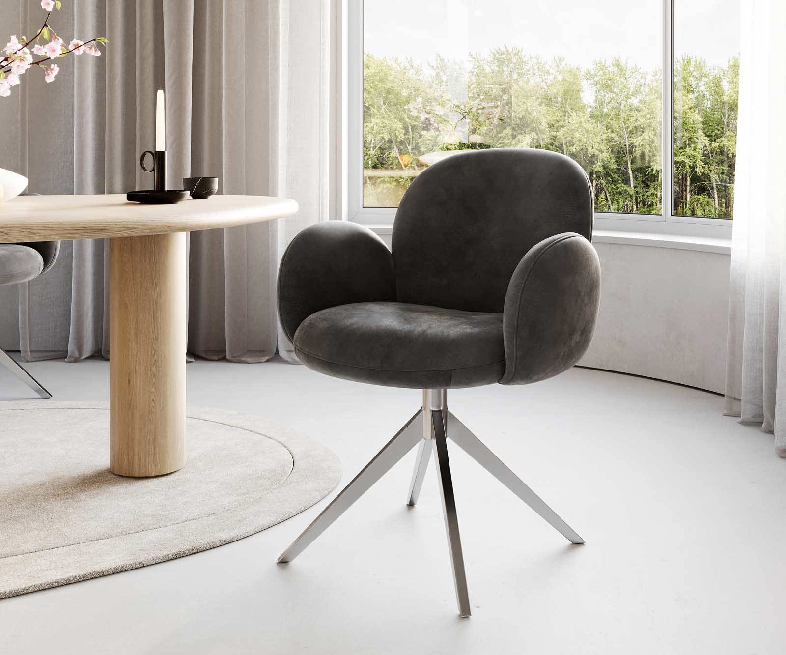 Draaistoel Nube-Flex met armleuning microvelours antraciet vintage kruisframe breed roestvrij staal 360° draaibaar pocketveer kern