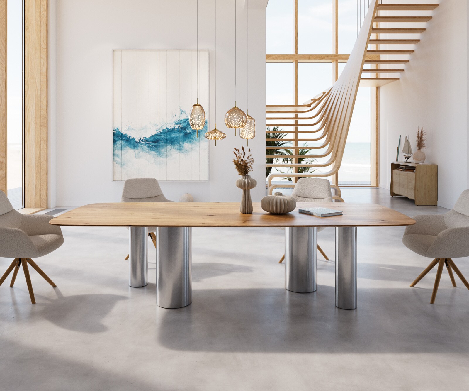 Eetkamertafel Edge Boot 300x120x2,5-3 eiken natuurPilier roestvrij staal geborsteld zwitserse rand 2