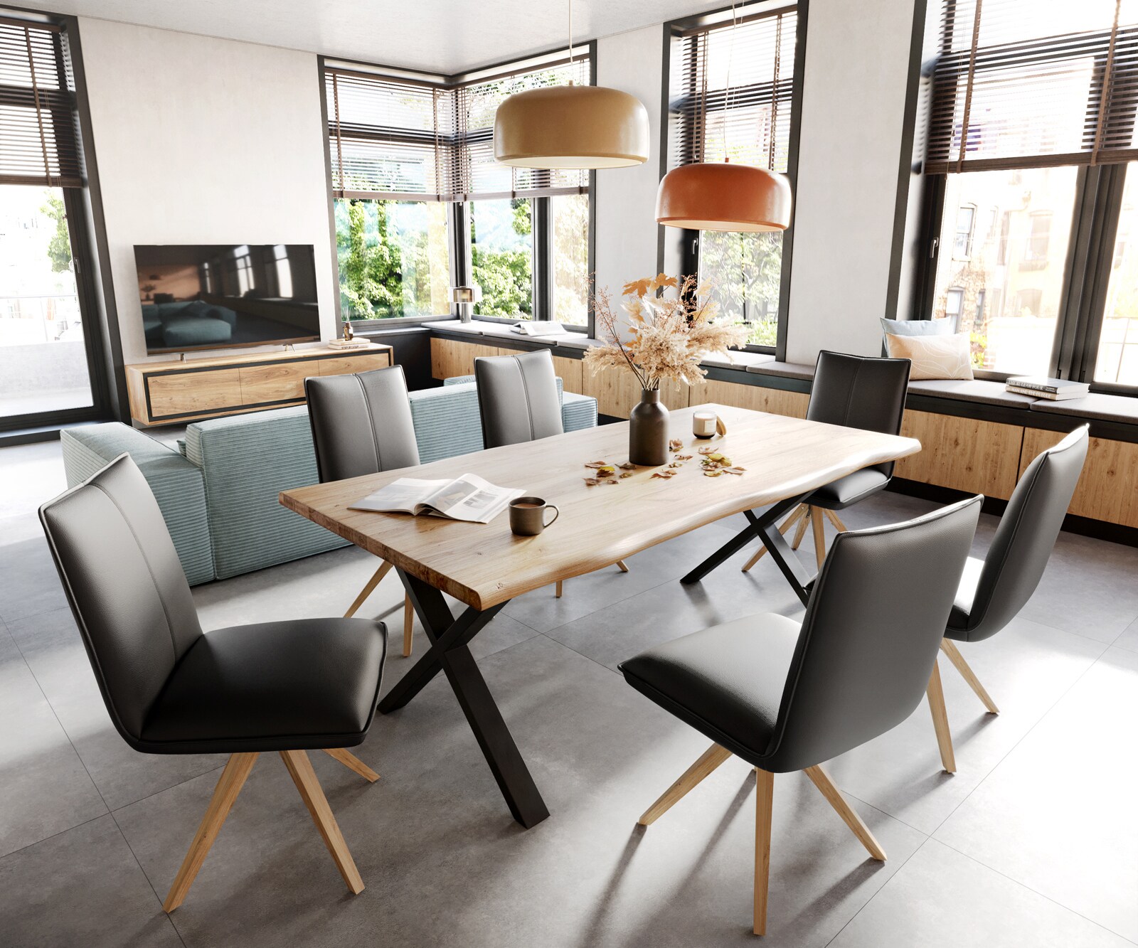 Eetkamerstoel Lelio-Flex echt leer zwart houten frame hoekig natuur 360° draaibaar pocketveer kern 3