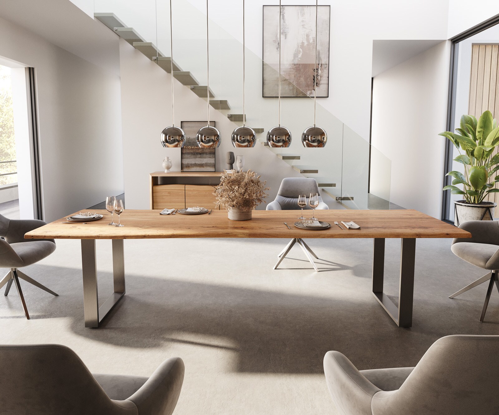 Eettafel Edge 300x100 acacia natuur roestvrijstaal smal Live-Edge 1