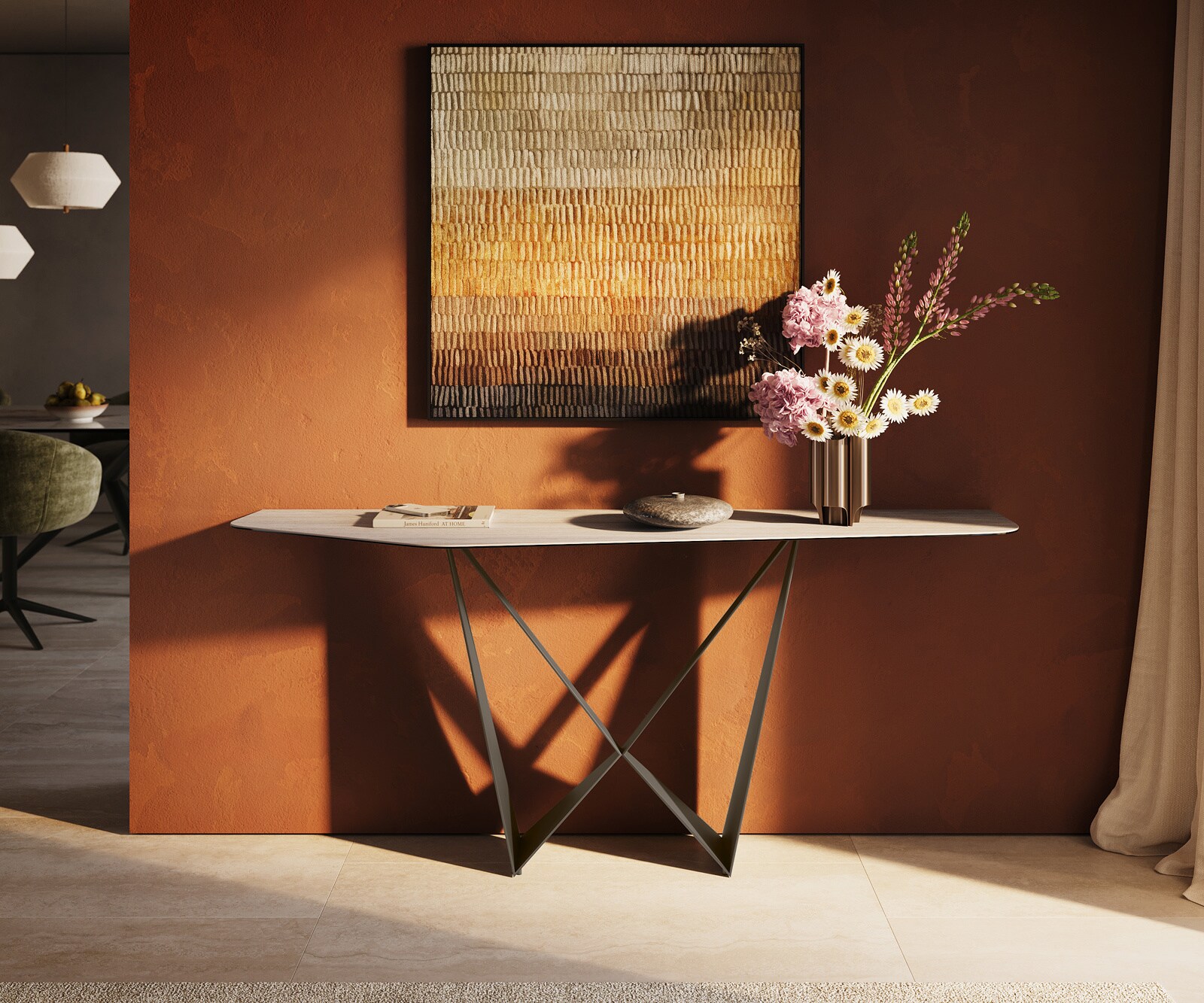 Consoletafel Edge Polygonaal 180x50 cm Keramiek Laminam® Travertino Bianco Creme-Weiß Spios Metaal Effektfinish Titan 2