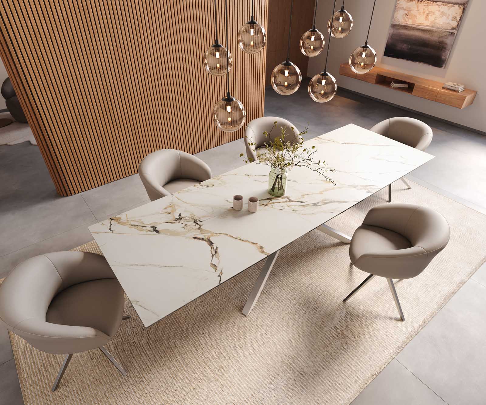 Eetkamertafel Edge 300x100 keramiek Calacatta Luxe wit-goud-grijs kruisframe rechthoek RVS 6