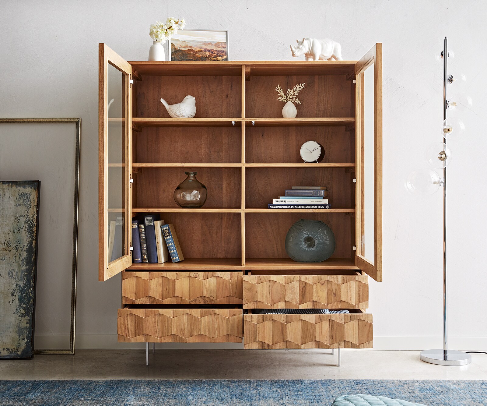 Vitrinekast Fevo 115x150 cm acacia natuur L-poot 3 Vitrinekast Fevo 115x150 cm acacia natuur L-poot 3