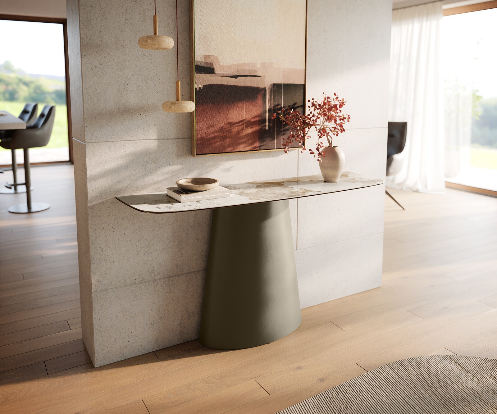 Consoletafel Edge Bootvorm 140x40 cm Keramiek Minas Melange Weiß-Beige Conos Metaal Effektfinish Titan 1