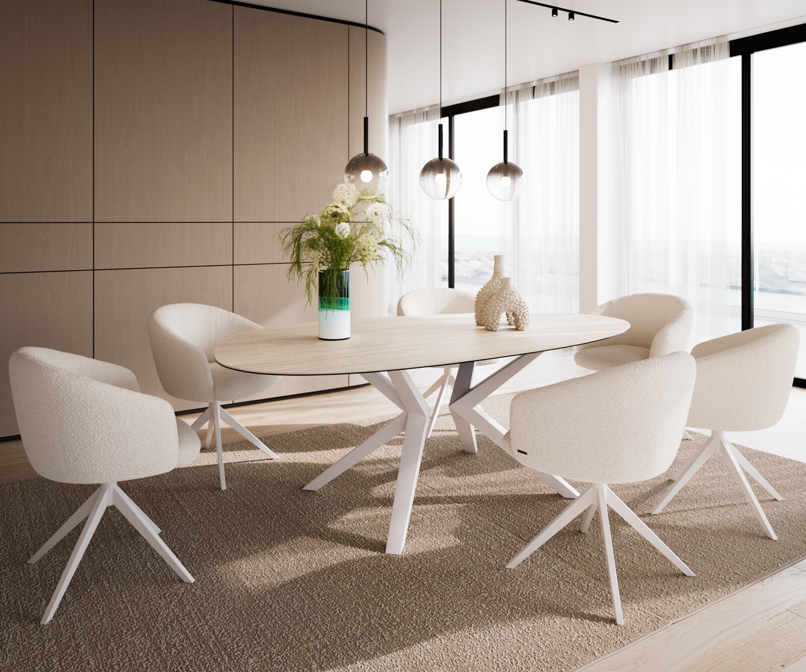 Eetkamertafel Edge ovaal 220x120 keramiek Laminam®Travertino Bianco Creme-wit​ Zenthara hoekig metaal wit 6