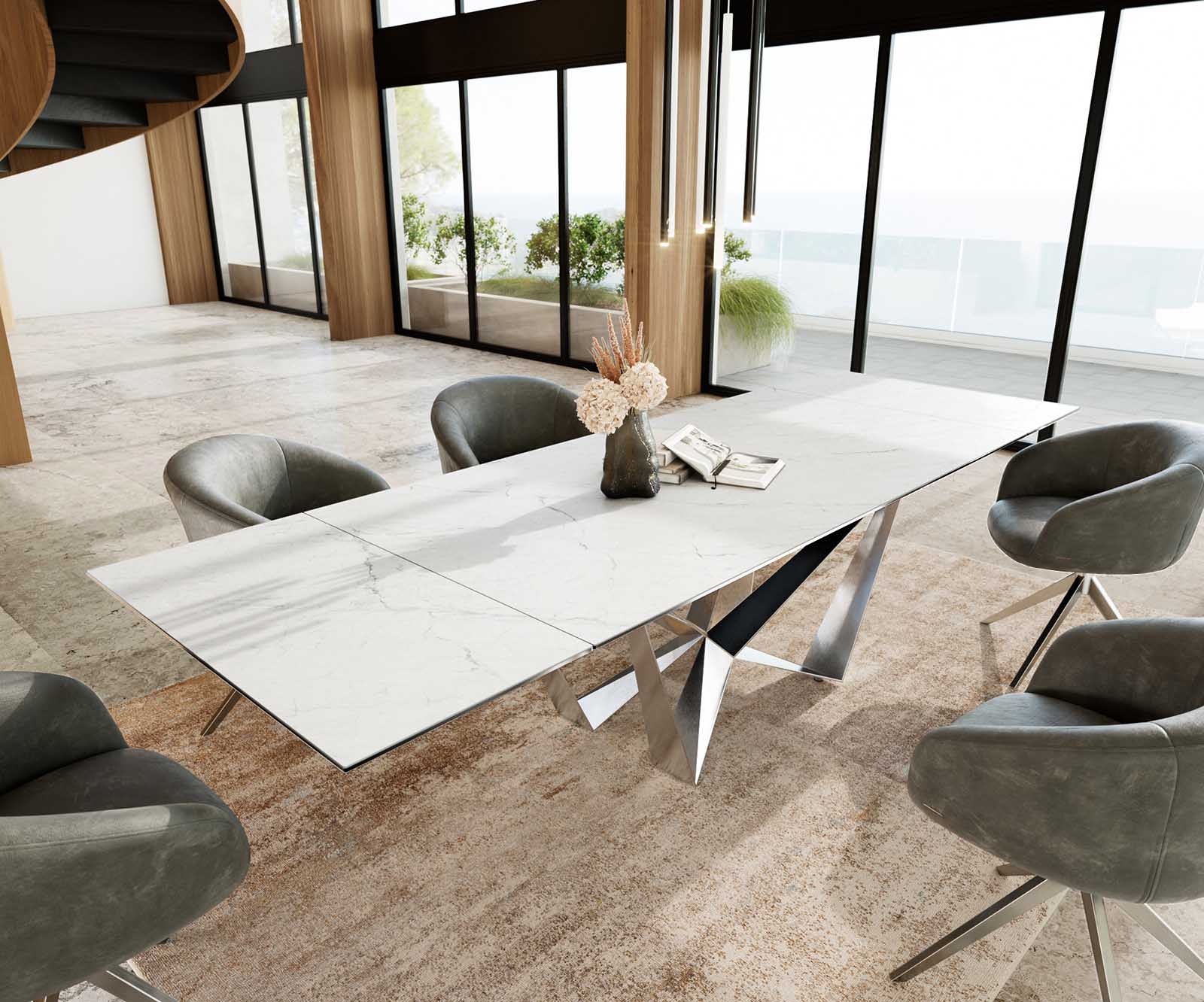 Eetkamertafel Edge 200-300x100 keramiek Laminam®Statuarietto Weiß spider vlak staal RVS uitschuifbaar 1