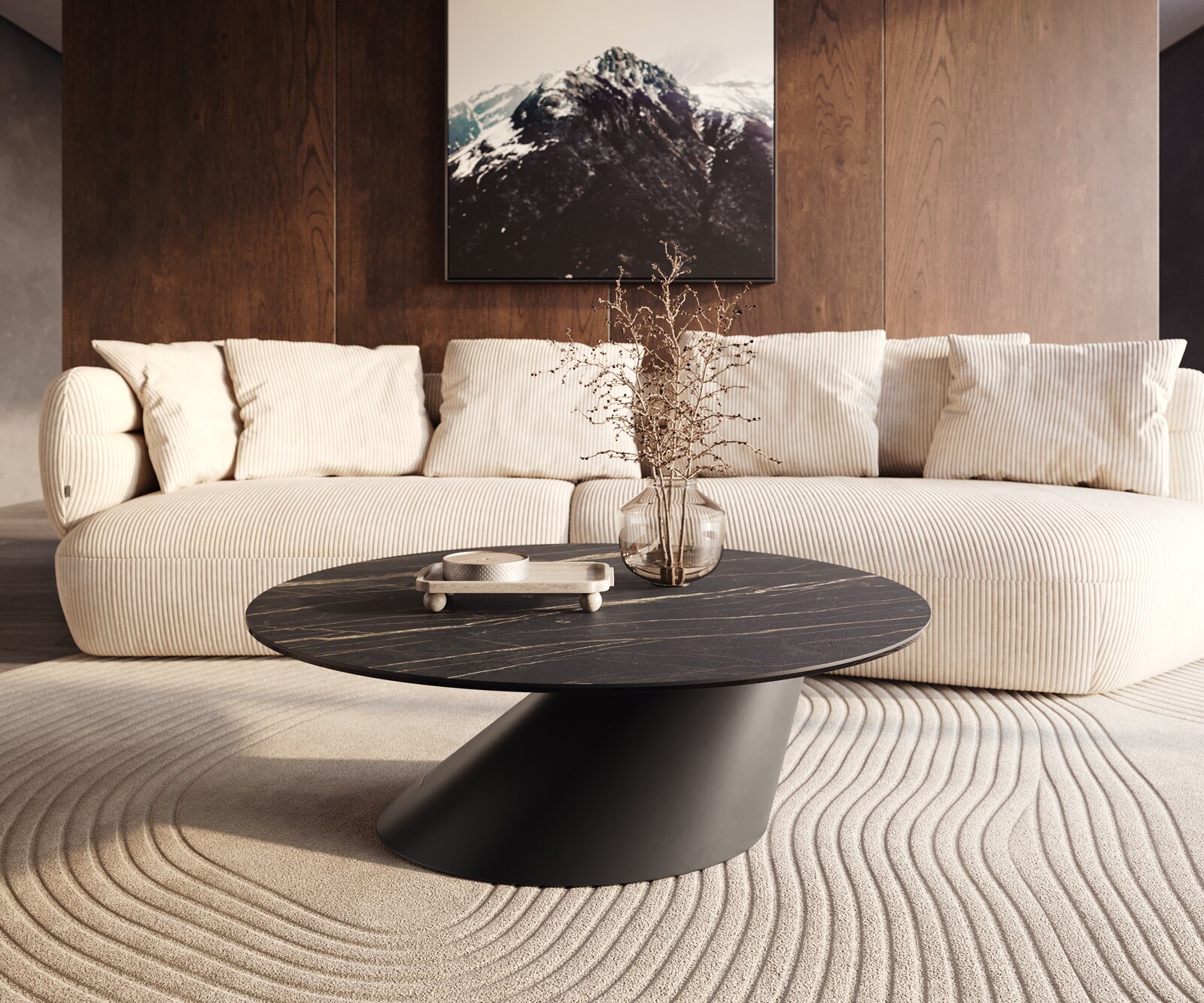 Salontafel Edge rond 100x100 cm keramiek Laminam® Noir Desir bruin Conis zwart metaal 6